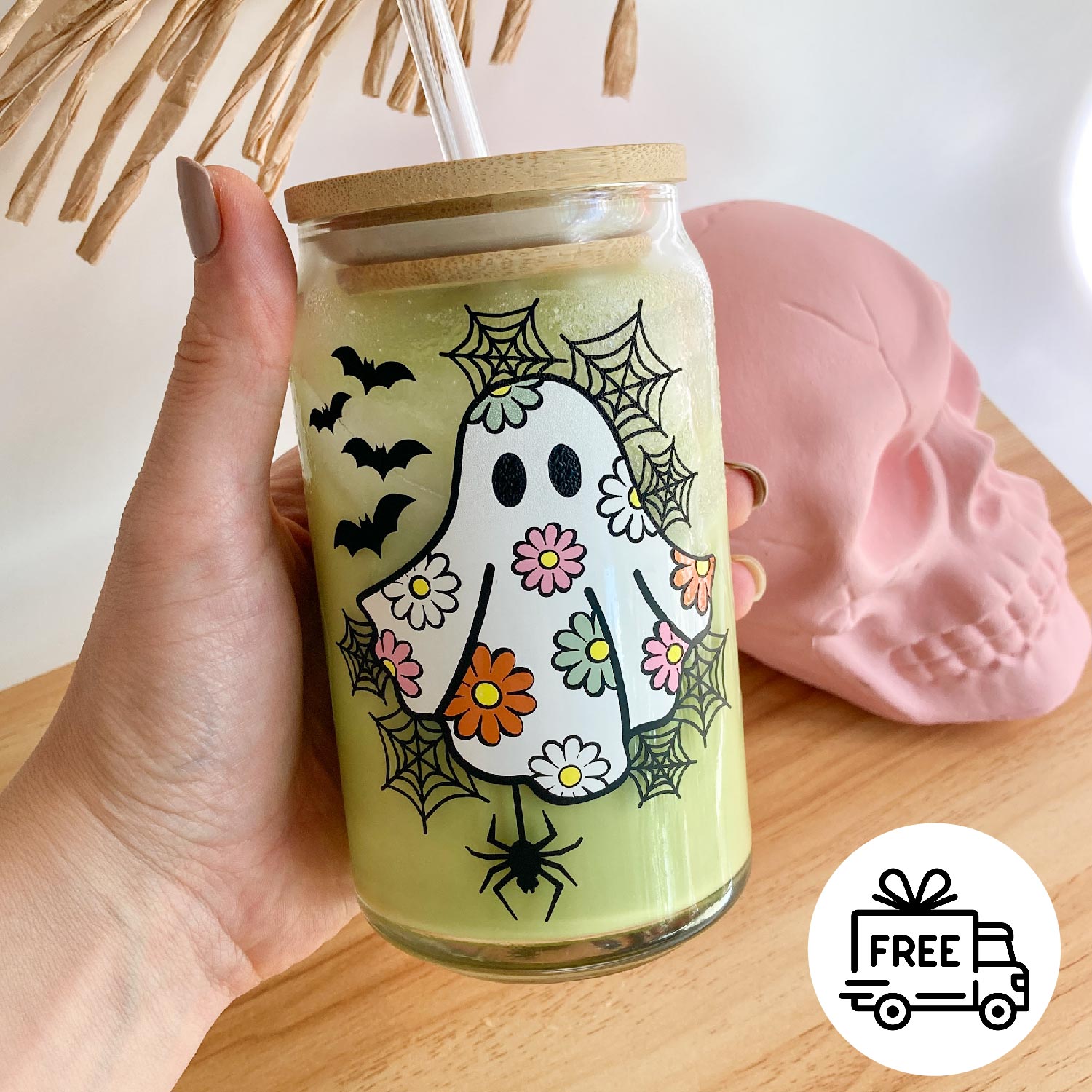 GLEEFUL GHOSTS Vinyl Sticker Halloween Decals For 24 oz 710ml Reusable Straw  Cup With Lid Color Change Coffee Cup Decoration