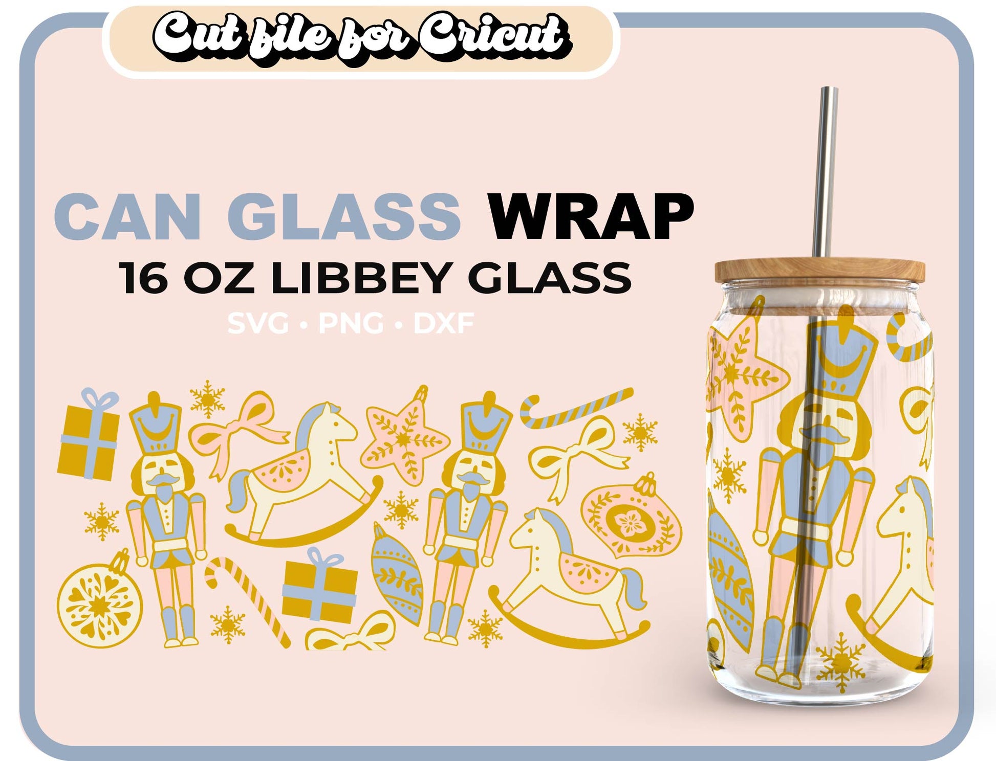 Retro Christmas Wrap For 16oz Can Glass SVG