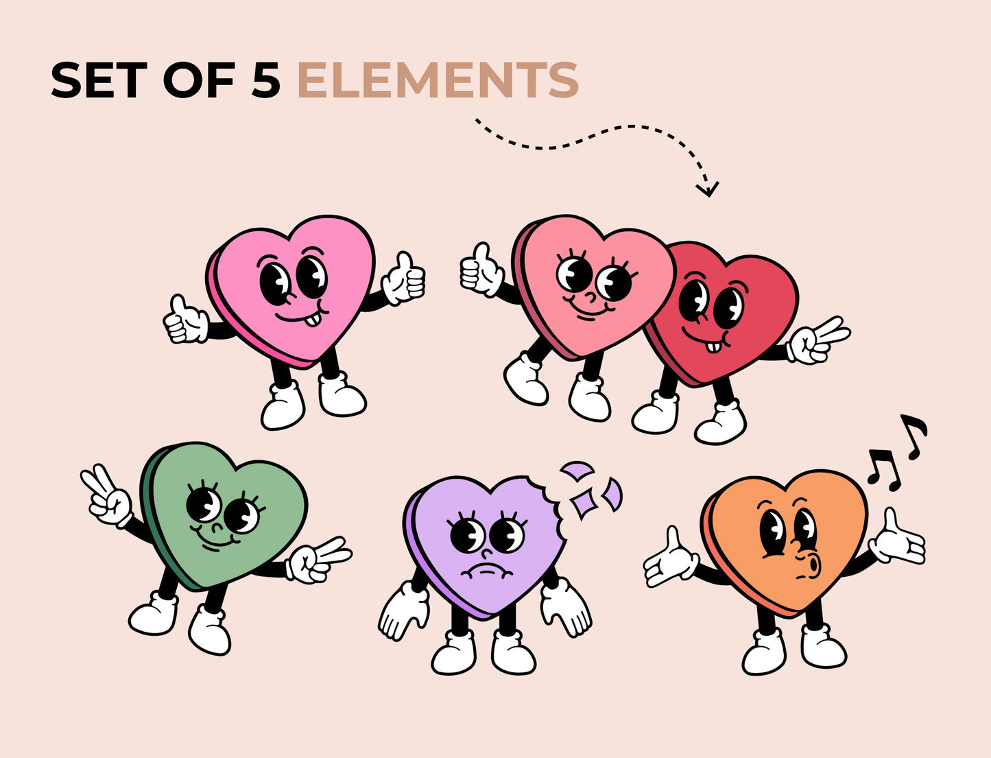 Set of 5 Retro Candy Hearts Decals
