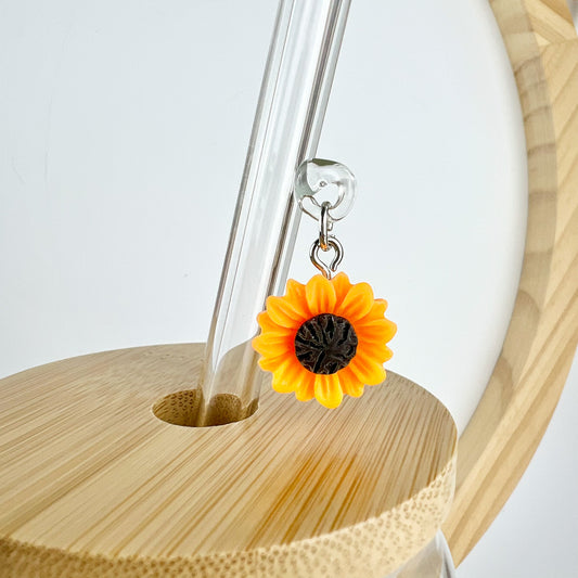Glass Straw With Sunflower Charm