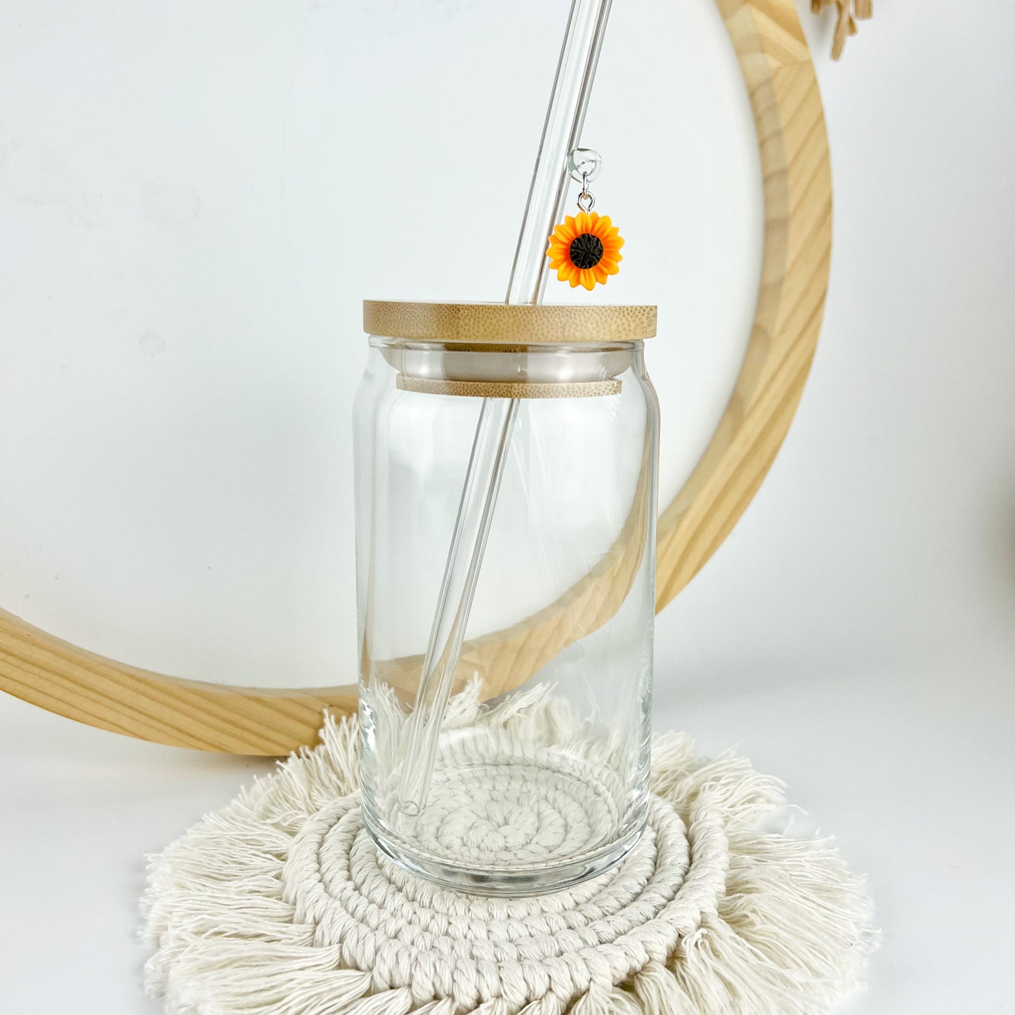 Glass Straw With Sunflower Charm