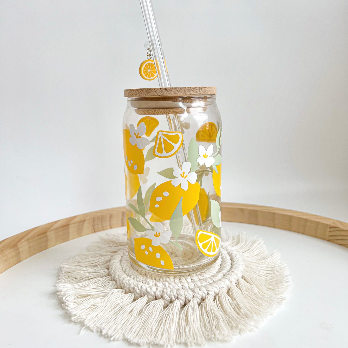 Floral Lemon Glass Can Cup With Lemon Charm