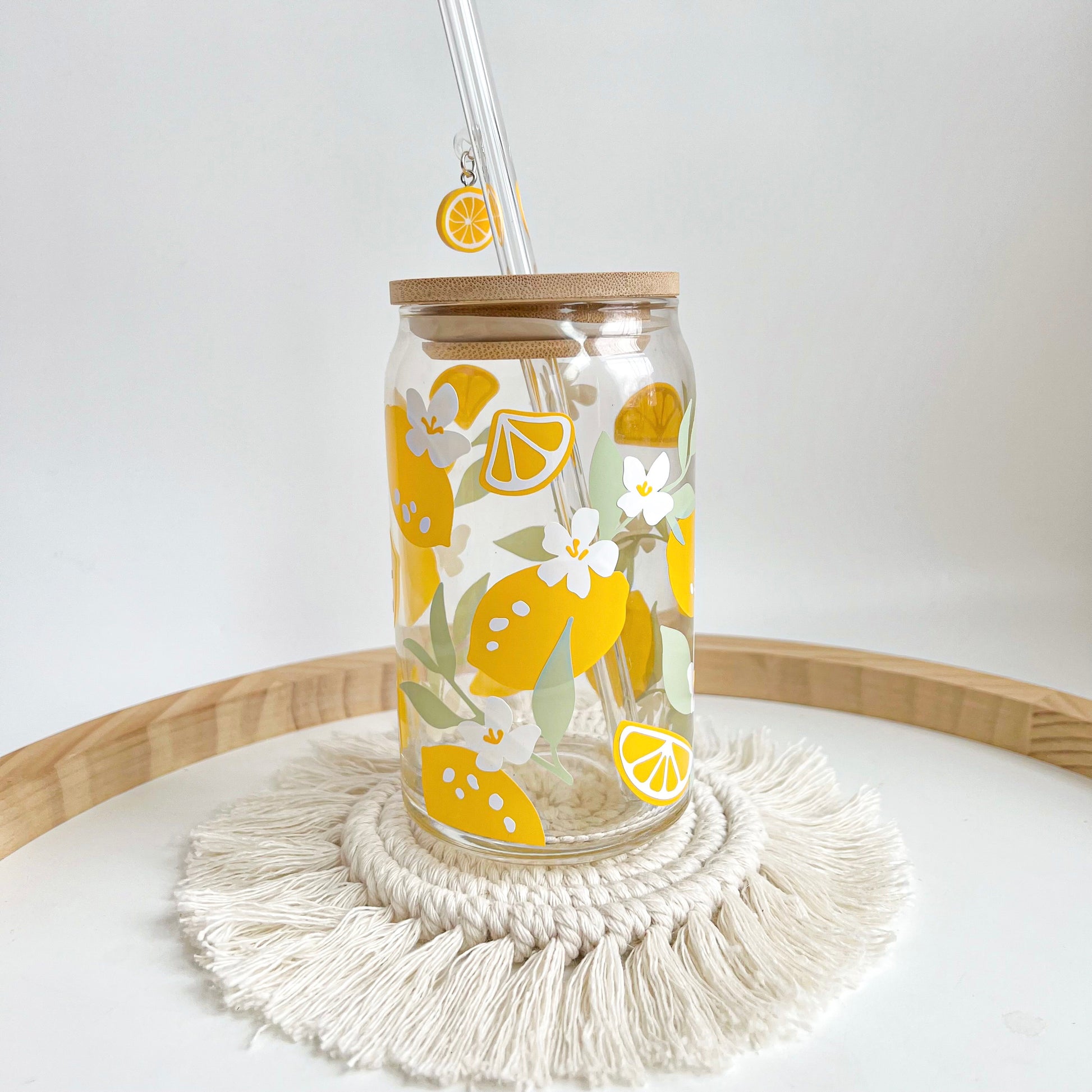 Floral Lemon Glass Can Cup With Lemon Charm – Decals And Daydreams