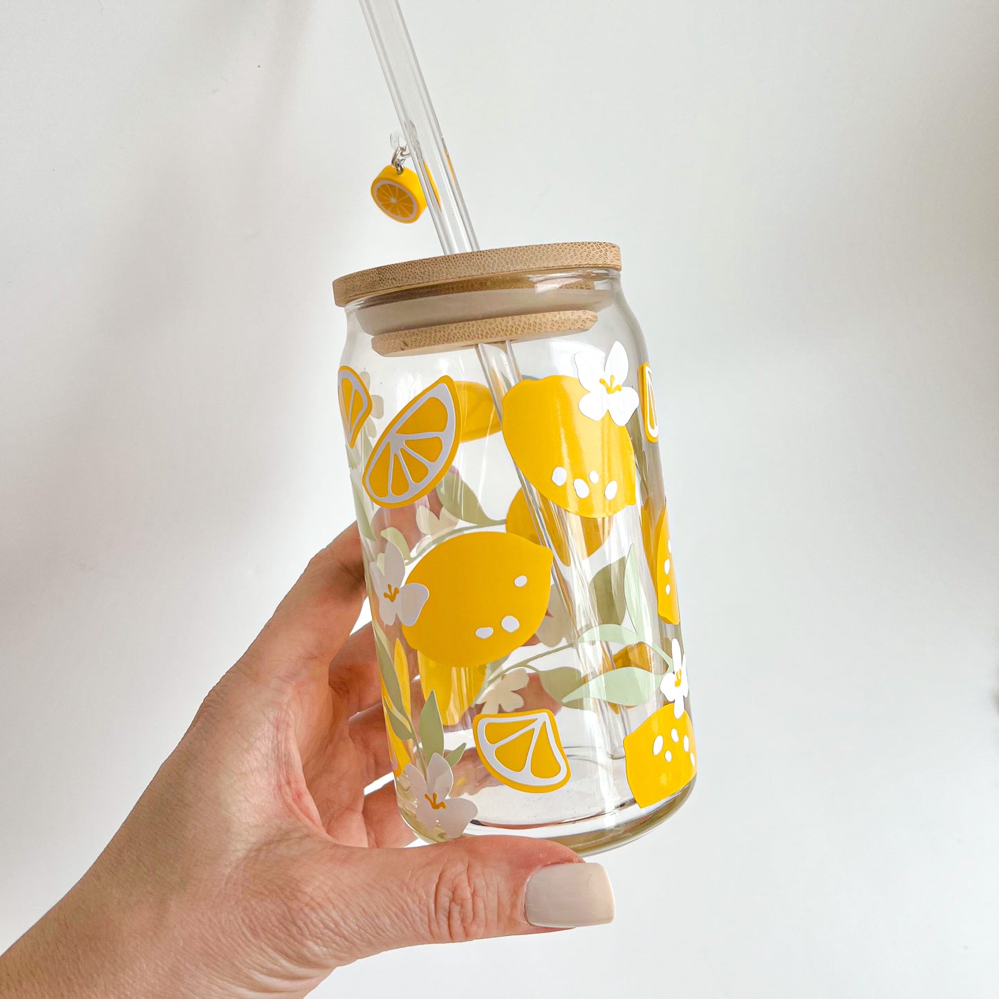 Floral Lemon Glass Can Cup With Lemon Charm
