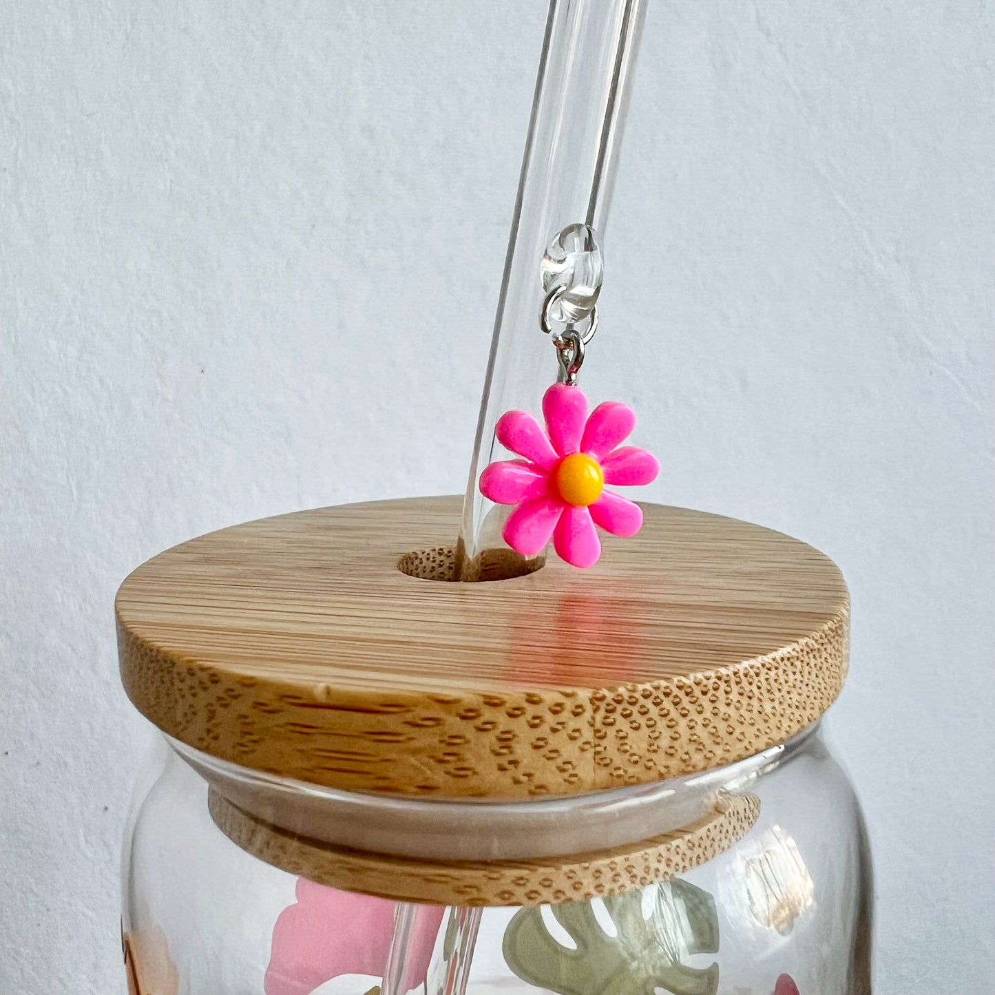 Glass Straw With Flower Charm