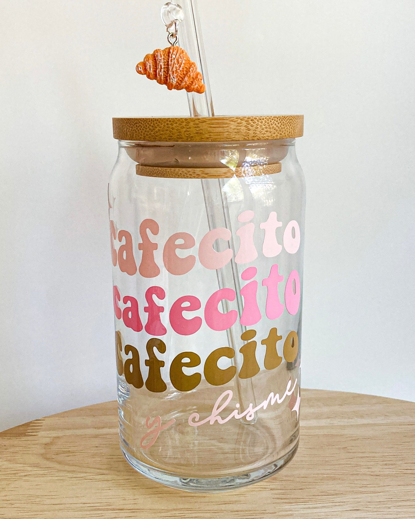 Cafecito Y Chisme Glass Can Cup With Croissant Charm