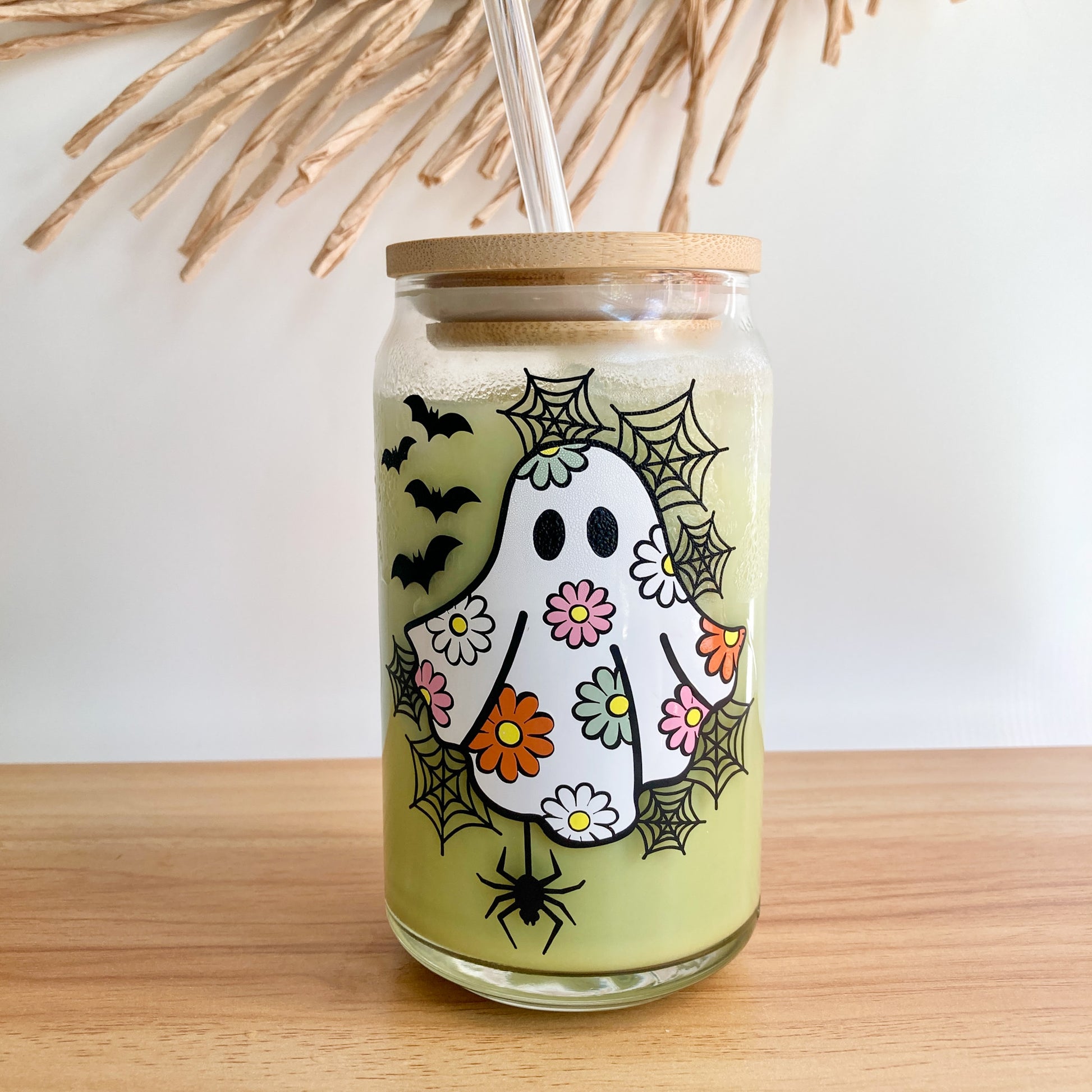 Ghost Glass | Glass with Bamboo Lid and Straw | Halloween Glass Mug | Ghost  Cup with Lid | Spooky Season Drinking Glass